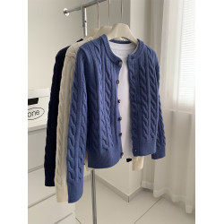 洋氣復古圓領麻花針織開衫女韓版秋冬加厚保暖松弛感百搭毛衣外套