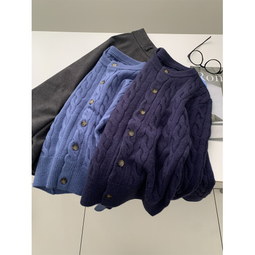 洋氣復古圓領麻花針織開衫女韓版秋冬加厚保暖松弛感百搭毛衣外套