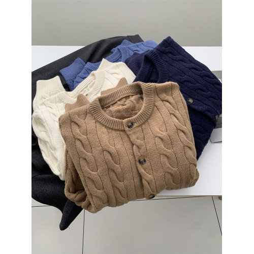 洋氣復古圓領麻花針織開衫女韓版秋冬加厚保暖松弛感百搭毛衣外套