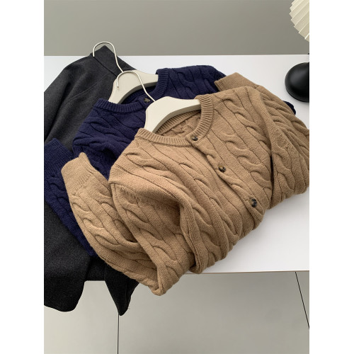 洋氣復古圓領麻花針織開衫女韓版秋冬加厚保暖松弛感百搭毛衣外套