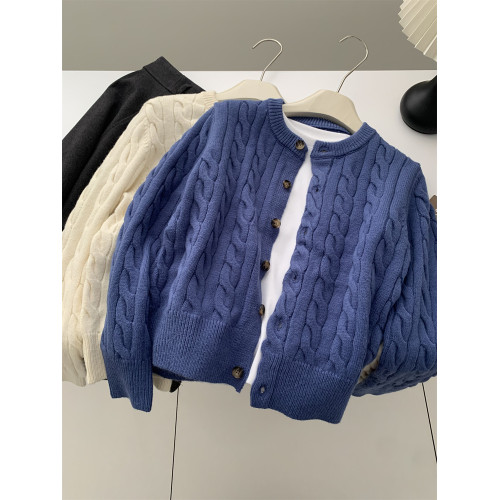 洋氣復古圓領麻花針織開衫女韓版秋冬加厚保暖松弛感百搭毛衣外套