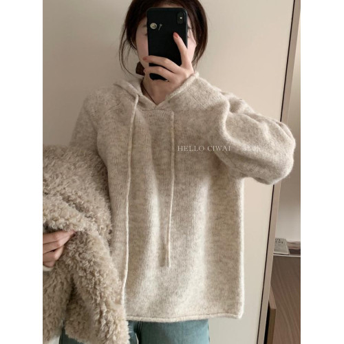 韓系2025冬季新款連帽慵懶風軟糯毛衣女寬松百搭針織衫打底