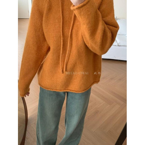 韓系2025冬季新款連帽慵懶風軟糯毛衣女寬松百搭針織衫打底