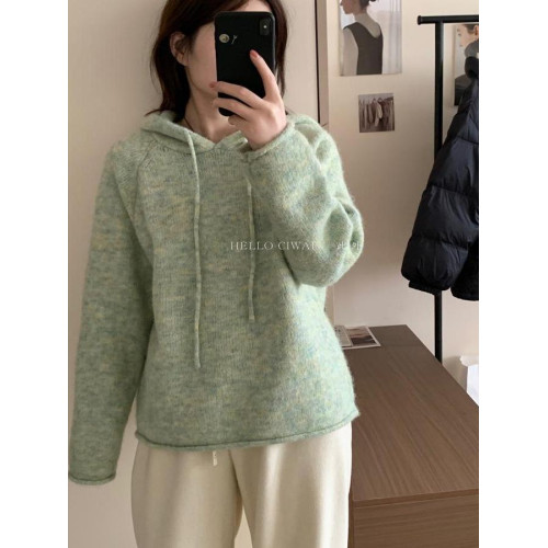 韓系2025冬季新款連帽慵懶風軟糯毛衣女寬松百搭針織衫打底