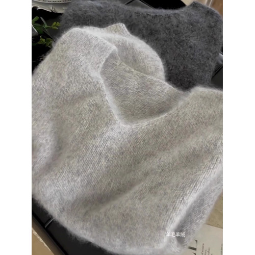 灰色馬海毛軟糯套頭毛衣女秋冬寬松小個子慵懶內搭針織打底衫上衣