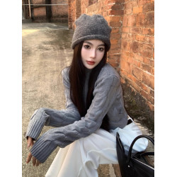 美式復古高領麻花毛衣開衫外套女秋冬設計感雙拉鍊短款針織上衣厚