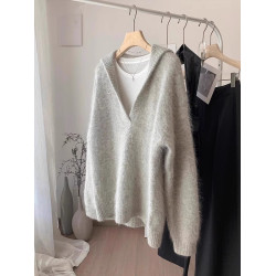 無D推薦！歐貨高級灰色羊駝毛毛衣女春季加厚寬松V領慵懶風針織衫