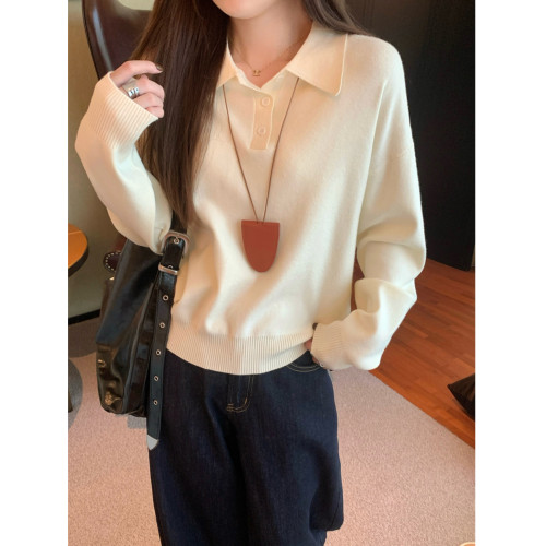 韓版polo領紐釦針織毛衣女秋季2025新款寬鬆百搭長袖安迪絨上衣潮