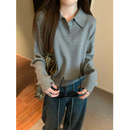 韓版polo領紐釦針織毛衣女秋季2025新款寬鬆百搭長袖安迪絨上衣潮