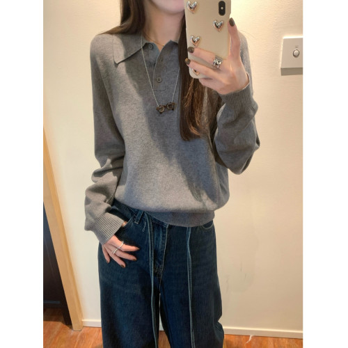 韓版polo領紐釦針織毛衣女秋季2025新款寬鬆百搭長袖安迪絨上衣潮