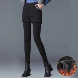 2025新款加絨加厚假兩件打底褲女冬外穿短褲裙保暖高腰小腳褲