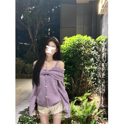 聖誕紅色蝴蝶結一字肩掛脖毛衣女春秋季加厚慵懶寬松露肩針織上衣