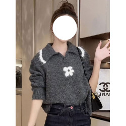 秋冬穿搭撞色翻領花朵毛衣女款2025新款減齡溫柔風絕美巨好看上衣