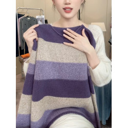 2025秋季新款韓版拼色洋氣時尚條紋顯瘦圓領長袖針織衫上衣女寬松