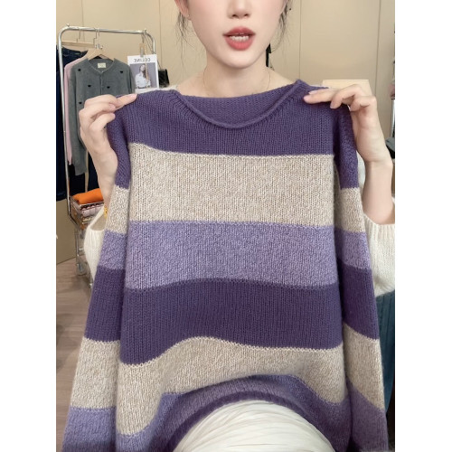 2025秋季新款韓版拼色洋氣時尚條紋顯瘦圓領長袖針織衫上衣女寬松 2025秋季新款韓版拼色洋氣時尚條紋顯瘦圓領長袖針織衫上衣女寬松