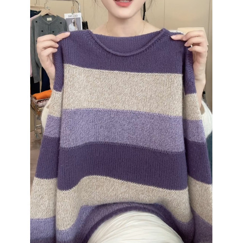 2025秋季新款韓版拼色洋氣時尚條紋顯瘦圓領長袖針織衫上衣女寬松 2025秋季新款韓版拼色洋氣時尚條紋顯瘦圓領長袖針織衫上衣女寬松