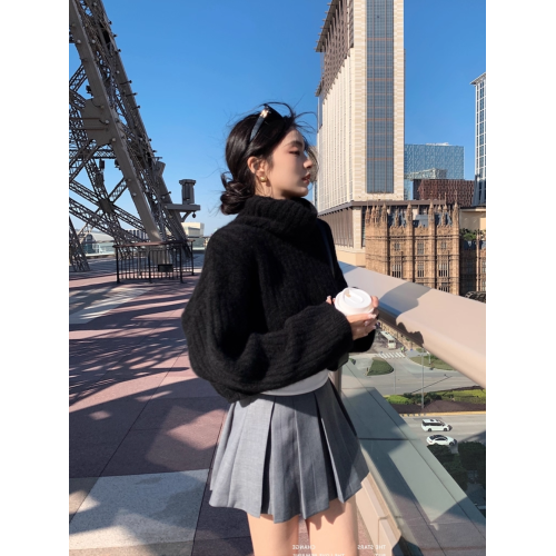 高級感黑色短款高領毛衣女套頭秋冬外穿內搭寬松慵懶軟糯針織上衣 高級感黑色短款高領毛衣女套頭秋冬外穿內搭寬松慵懶軟糯針織上衣