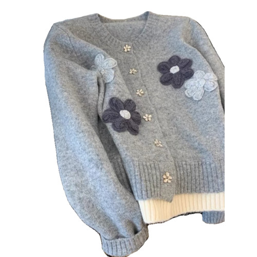 高級感超好看花朵灰色毛衣外套大碼女裝胖mm秋冬韓系針織開衫上衣