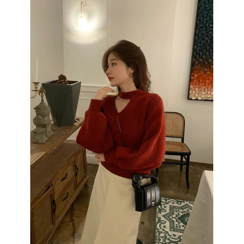 紅色過年穿毛衣女掛脖氛圍感拿捏聖誕紅V領寬松慵懶風針織衫上衣