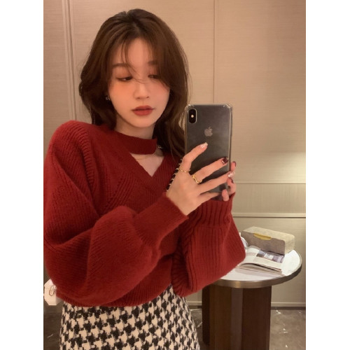 紅色過年穿毛衣女掛脖氛圍感拿捏聖誕紅V領寬松慵懶風針織衫上衣