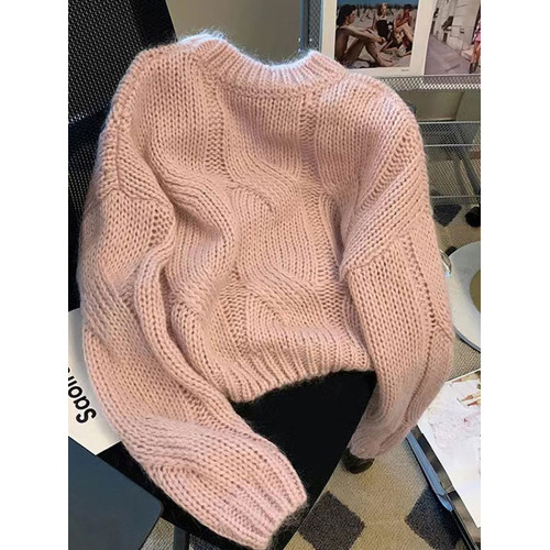 早秋2025新款爆款小個子慵懶風套頭毛衣粉色針織女高級感上衣秋冬