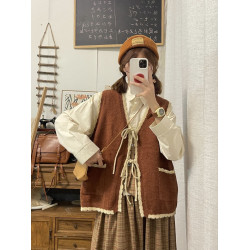 胖MM200斤特大碼套裝日系小衆綁帶馬甲小個子針織毛衣背心兩件套