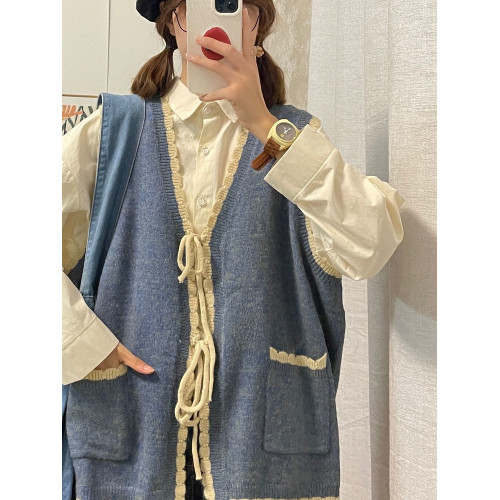 胖MM200斤特大碼套裝日系小衆綁帶馬甲小個子針織毛衣背心兩件套