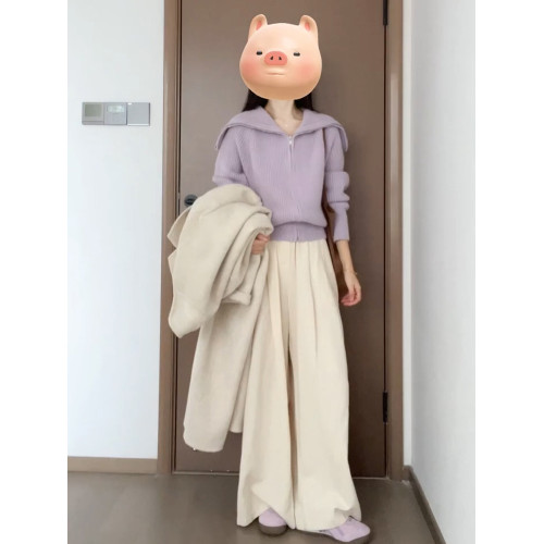 2025新款紫色翻領毛衣外套女秋冬季厚內搭高級感拉鍊針織開衫上衣