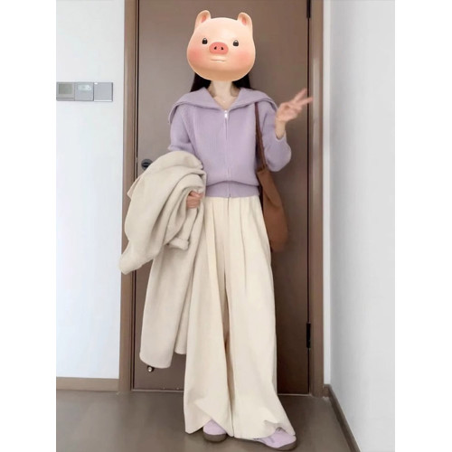 2025新款紫色翻領毛衣外套女秋冬季厚內搭高級感拉鍊針織開衫上衣