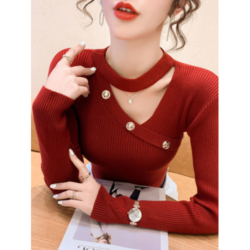 加絨加厚掛脖針織衫女2025新款感小衆鏤空毛衣打底衫內搭秋冬上衣