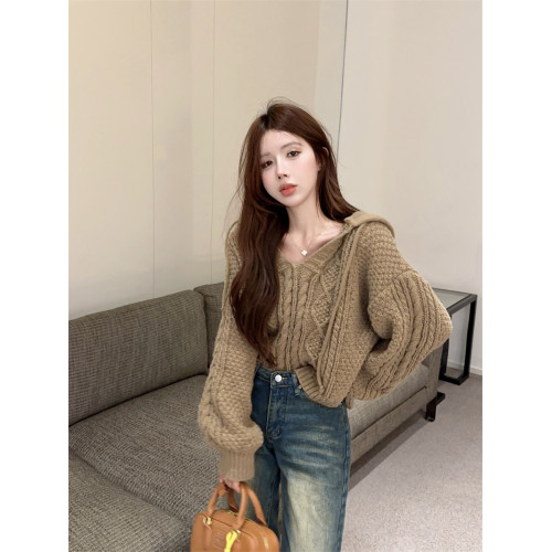 美拉德慵懶風v領軟糯毛衣外套女春秋美式寬松長袖連帽針織衫上衣 美拉德慵懶風v領軟糯毛衣外套女春秋美式寬松長袖連帽針織衫上衣