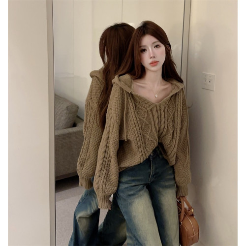 美拉德慵懶風v領軟糯毛衣外套女春秋美式寬松長袖連帽針織衫上衣 美拉德慵懶風v領軟糯毛衣外套女春秋美式寬松長袖連帽針織衫上衣