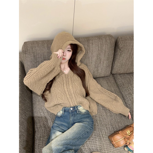 美拉德慵懶風v領軟糯毛衣外套女春秋美式寬松長袖連帽針織衫上衣 美拉德慵懶風v領軟糯毛衣外套女春秋美式寬松長袖連帽針織衫上衣