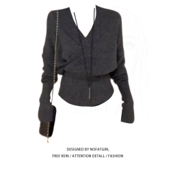 大碼胖MM復古交叉V領長袖針織衫毛衣女秋季收腰顯瘦巨好看上衣