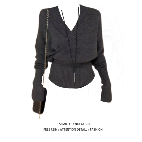 大碼胖MM復古交叉V領長袖針織衫毛衣女秋季收腰顯瘦巨好看上衣 大碼胖MM復古交叉V領長袖針織衫毛衣女秋季收腰顯瘦巨好看上衣