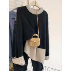 黑白撞色浣熊絨毛衣女秋冬高級感寬松慵懶打底針織羊毛衫加厚秋冬