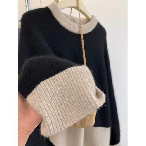 黑白撞色浣熊絨毛衣女秋冬高級感寬松慵懶打底針織羊毛衫加厚秋冬 黑白撞色浣熊絨毛衣女秋冬高級感寬松慵懶打底針織羊毛衫加厚秋冬