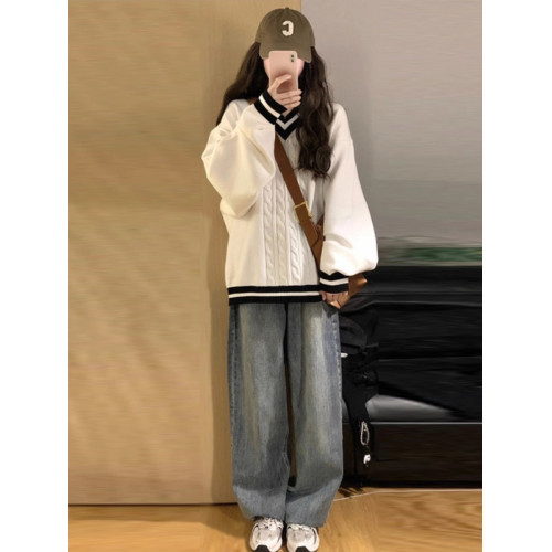 英倫學院風毛衣韓系溫柔小個子女V領2025新款春季針織上衣慵懶風 英倫學院風毛衣韓系溫柔小個子女V領2025新款春季針織上衣慵懶風