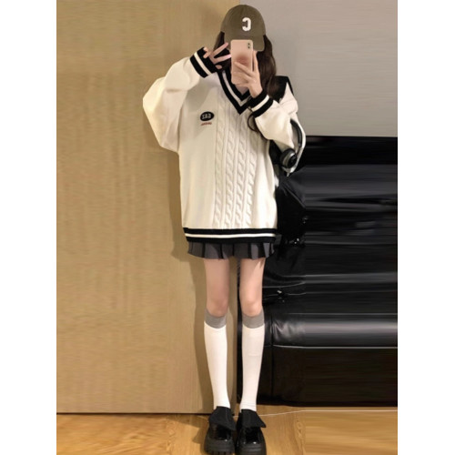 英倫學院風毛衣韓系溫柔小個子女V領2025新款春季針織上衣慵懶風 英倫學院風毛衣韓系溫柔小個子女V領2025新款春季針織上衣慵懶風