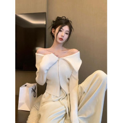 2026一字肩長袖打底衫女裝設計感別致露肩上衣雙拉鍊短款針織毛衣