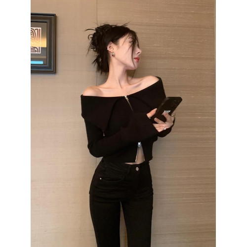 2026一字肩長袖打底衫女裝設計感別致露肩上衣雙拉鍊短款針織毛衣