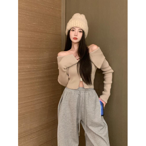 2026一字肩長袖打底衫女裝設計感別致露肩上衣雙拉鍊短款針織毛衣