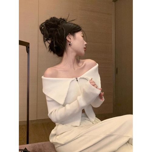 2026一字肩長袖打底衫女裝設計感別致露肩上衣雙拉鍊短款針織毛衣