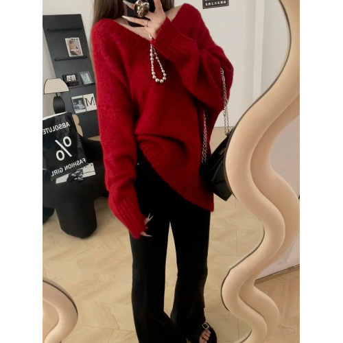 聖誕紅色v領毛衣女秋冬季2025新款慵懶風高級感寬松加厚針織上衣 聖誕紅色v領毛衣女秋冬季2025新款慵懶風高級感寬松加厚針織上衣