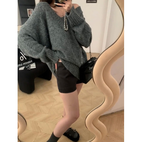 聖誕紅色v領毛衣女秋冬季2025新款慵懶風高級感寬松加厚針織上衣 聖誕紅色v領毛衣女秋冬季2025新款慵懶風高級感寬松加厚針織上衣