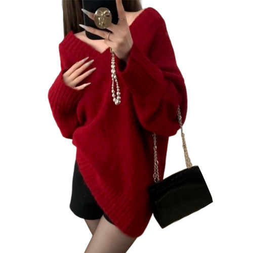 聖誕紅色v領毛衣女秋冬季2025新款慵懶風高級感寬松加厚針織上衣 聖誕紅色v領毛衣女秋冬季2025新款慵懶風高級感寬松加厚針織上衣