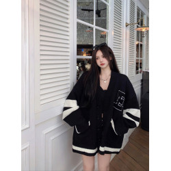 秋冬季學院風毛衣外套女韓系慵懶風黑色針織開衫oversize春秋新款