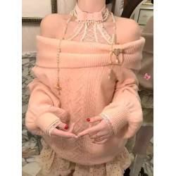 日系軟糯一字肩蝴蝶結毛衣女秋冬季小個子溫柔風單穿露肩針織上衣