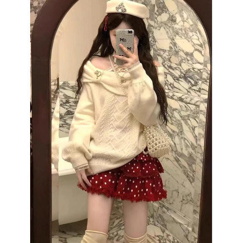 日系軟糯一字肩蝴蝶結毛衣女秋冬季小個子溫柔風單穿露肩針織上衣 日系軟糯一字肩蝴蝶結毛衣女秋冬季小個子溫柔風單穿露肩針織上衣