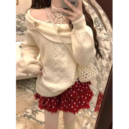 日系軟糯一字肩蝴蝶結毛衣女秋冬季小個子溫柔風單穿露肩針織上衣 日系軟糯一字肩蝴蝶結毛衣女秋冬季小個子溫柔風單穿露肩針織上衣